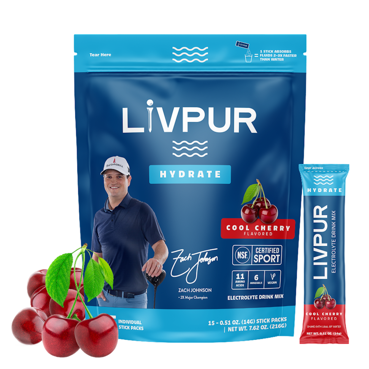 LIVPUR Hydrate Cool Cherry package with a man and cherries on a white background