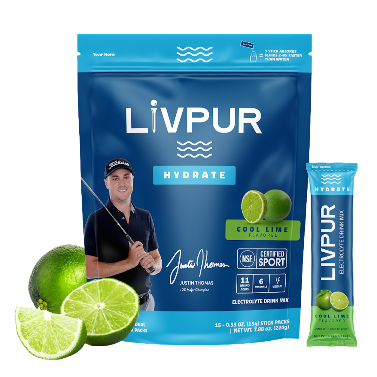 LivPUR Hydrate Cool Lime flavored electrolyte drink mix package with a golf player and limes on a white background.