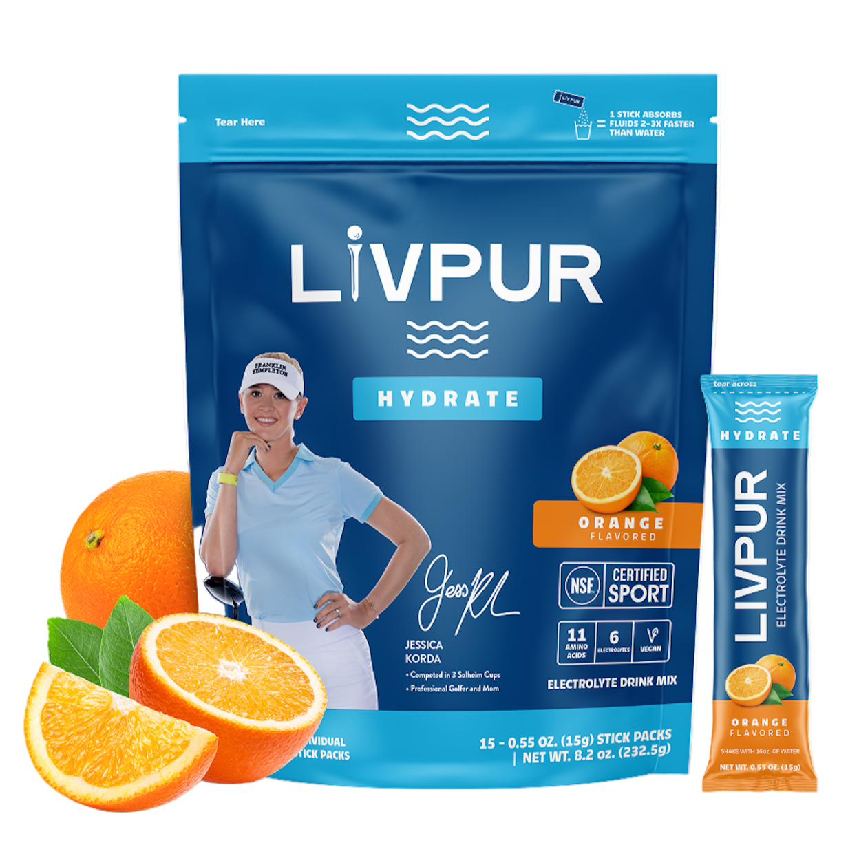 LIVPUR Hydrate Orange Electrolyte Drink Mix package with oranges on a white background
