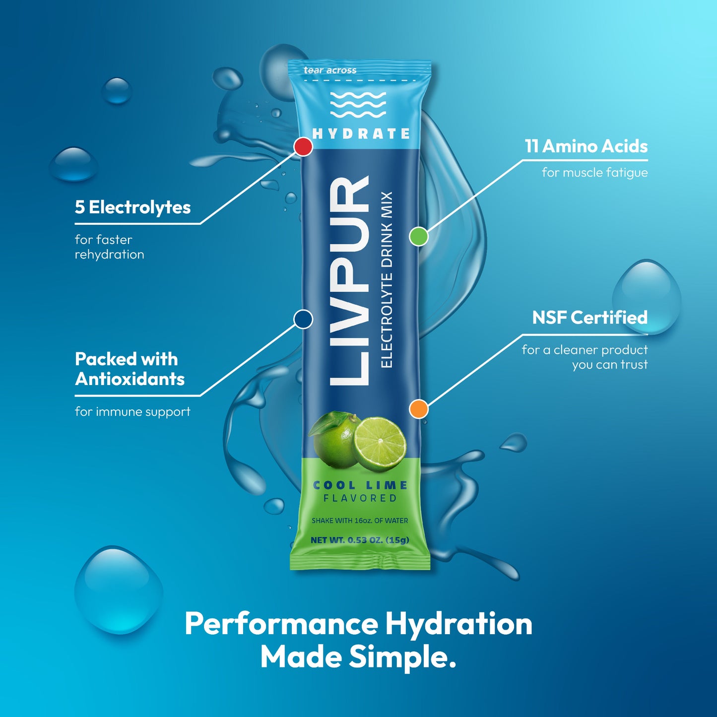 LIVPUR electrolyte drink mix packet on a blue background with water droplets.