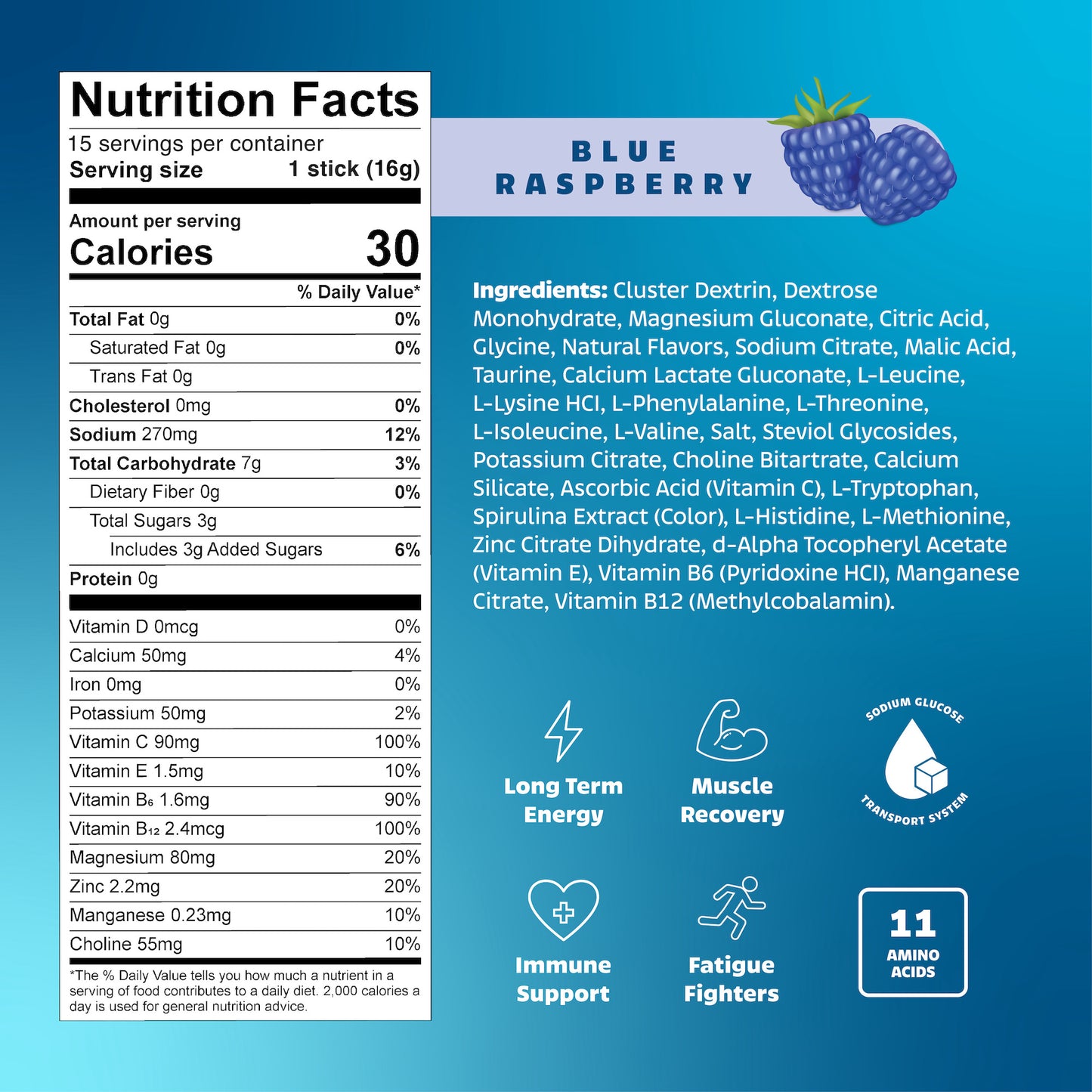 Nutrition facts label and ingredients list for a blue raspberry product on a blue background.