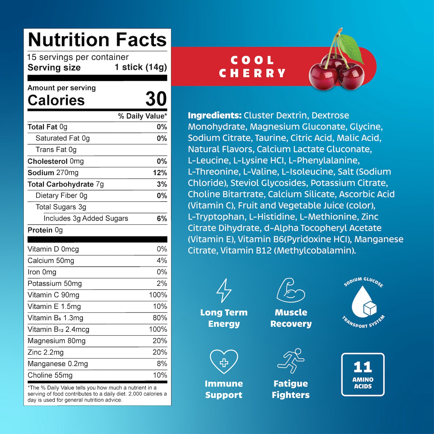 Nutrition facts label and ingredients list for a product with 'Cool Cherry' flavor on a blue background.