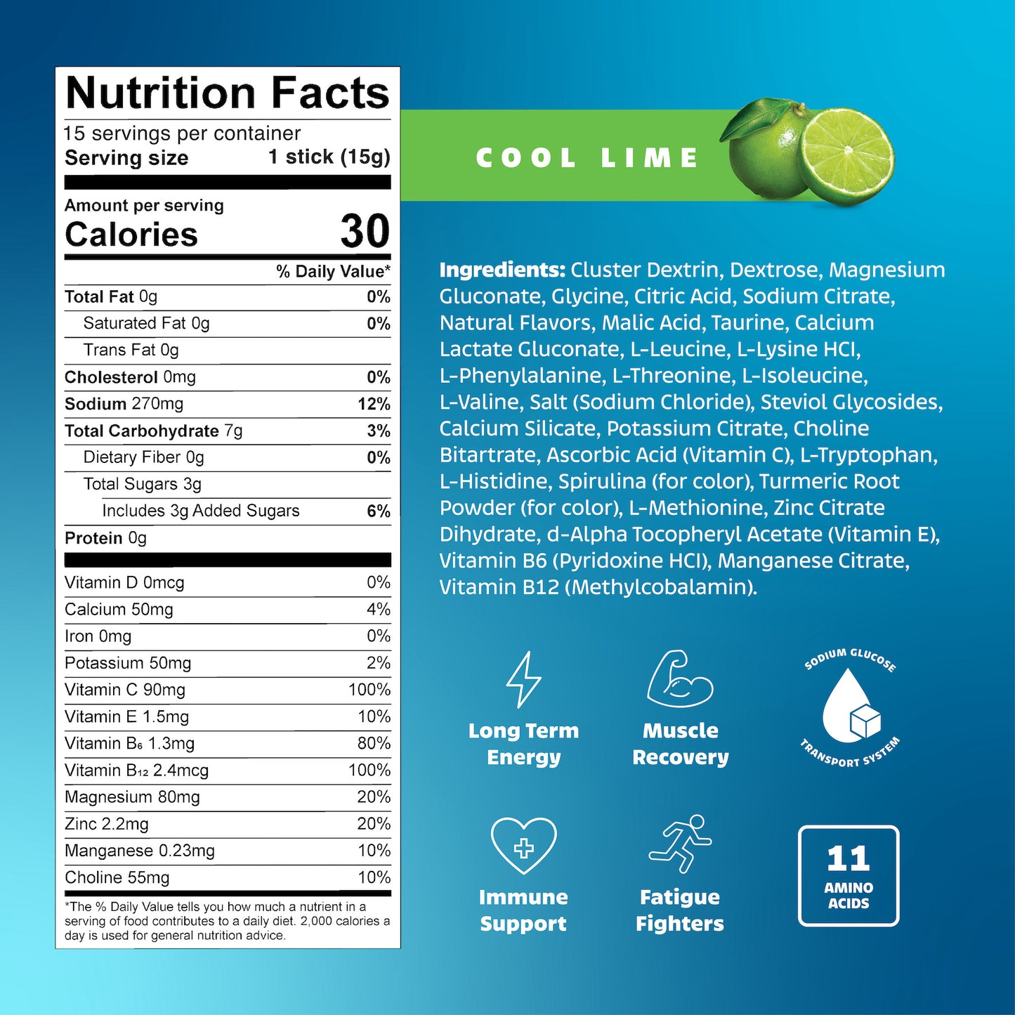 Nutrition facts label and ingredients list for a cool lime product on a blue background.