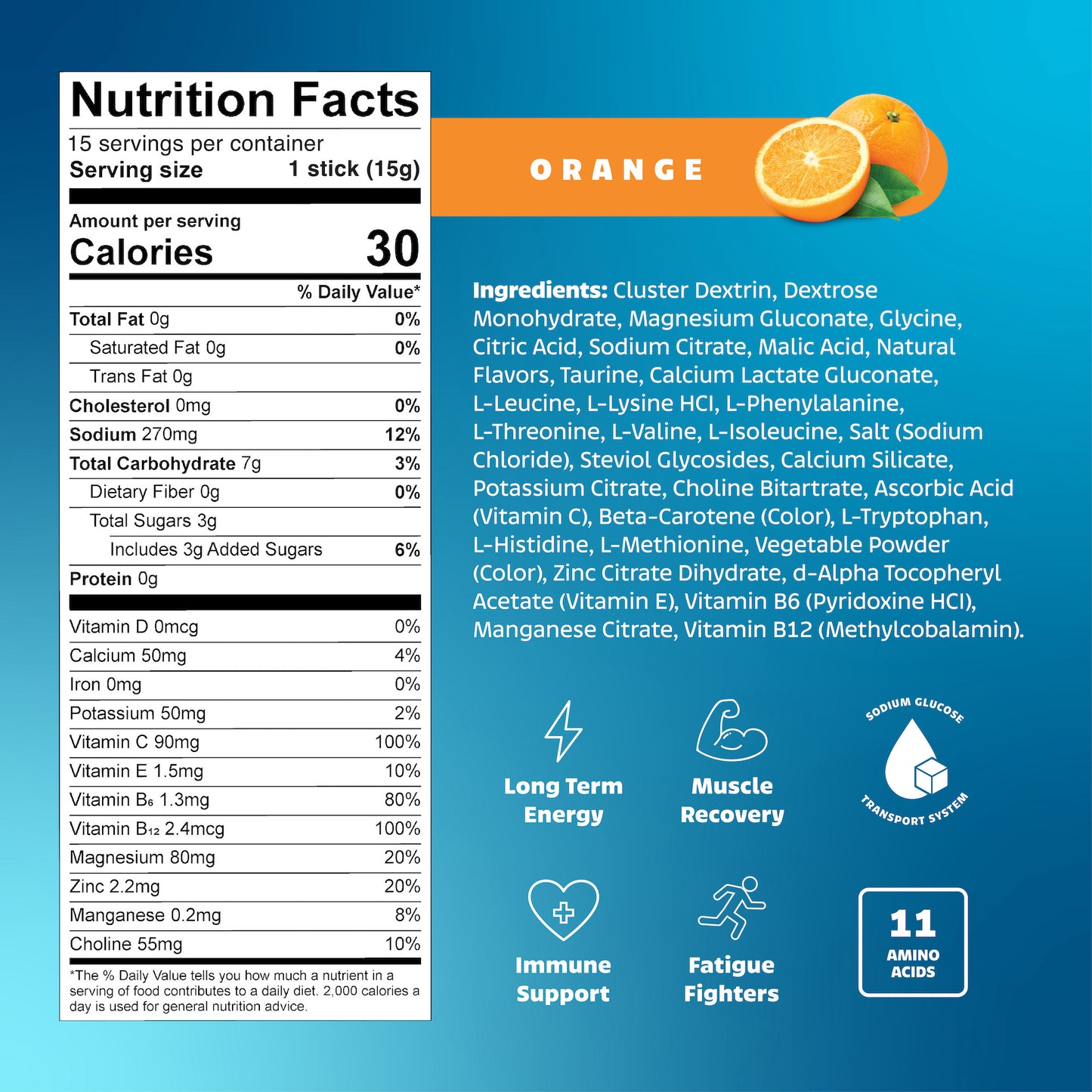 Nutrition facts label and ingredients list for an orange-flavored product on a blue background.