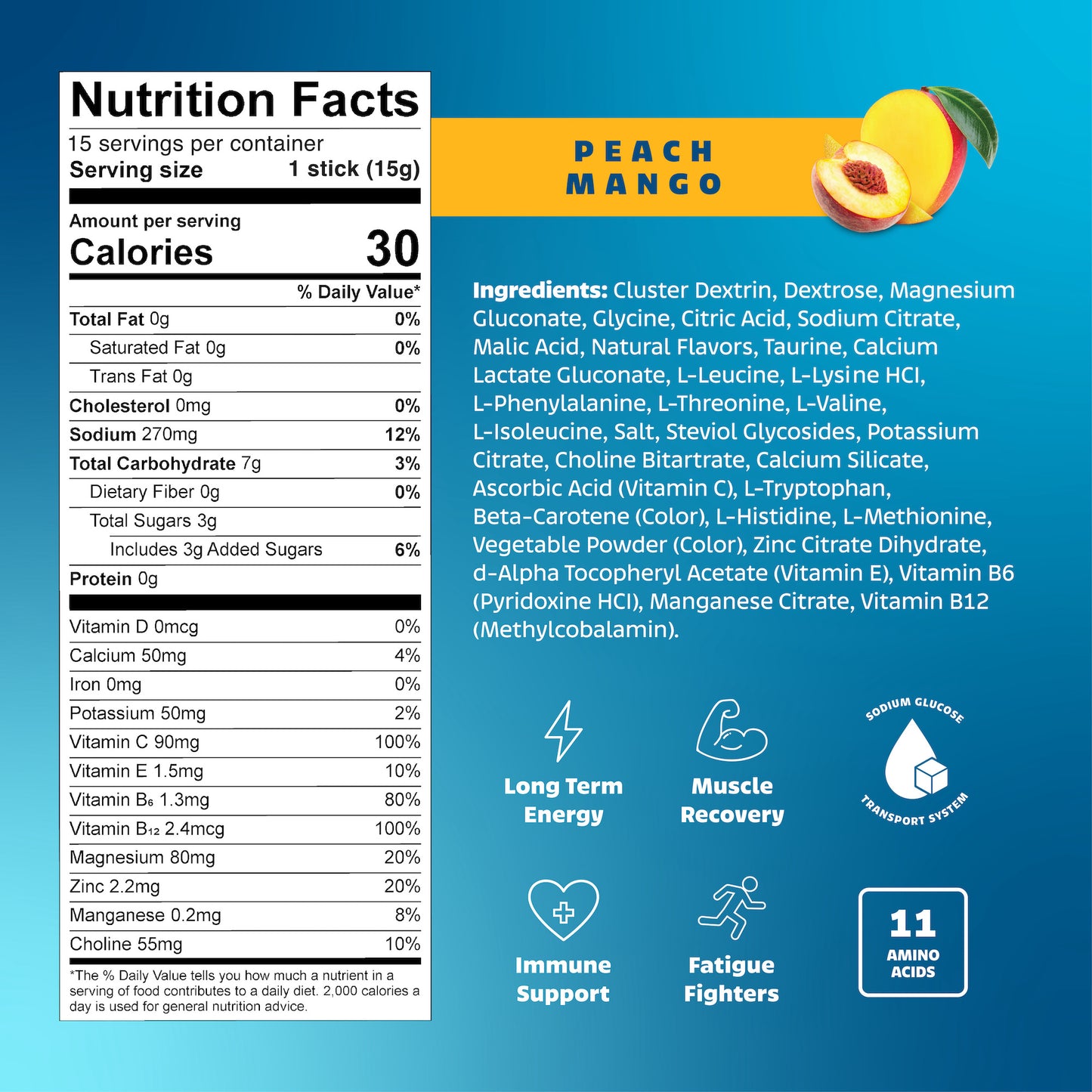 Nutrition facts label and ingredients list for peach mango flavor on a blue background