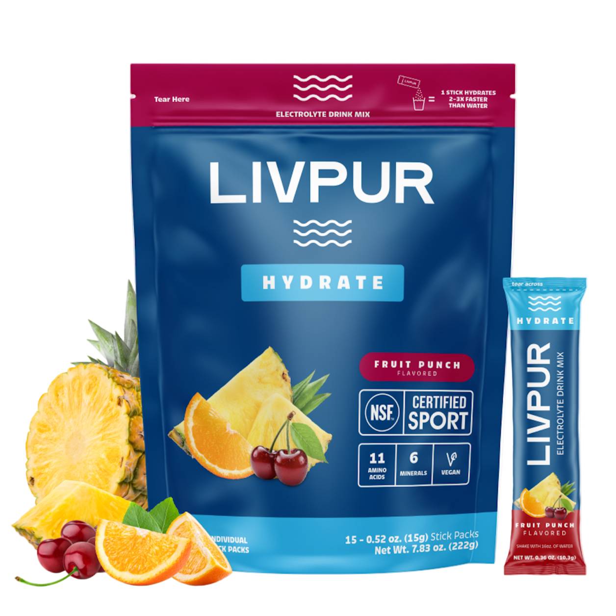 LIVPUR Hydrate fruit punch drink mix package with pineapple, orange, and cherry on a white background