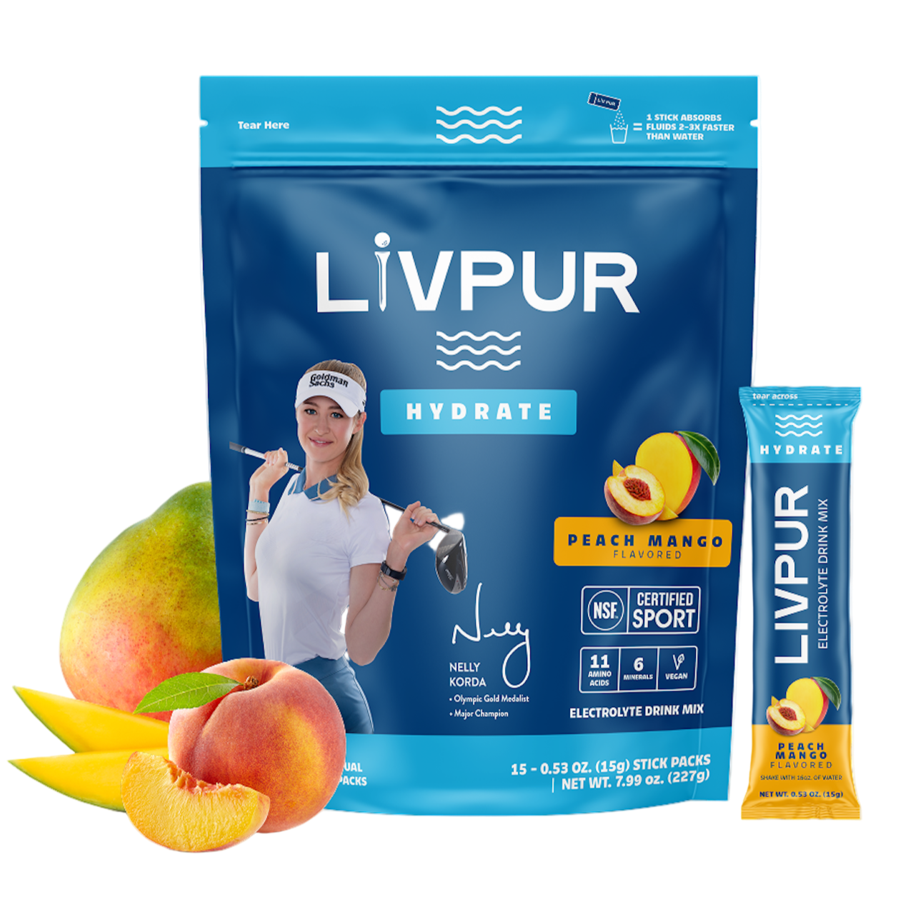 LIVPUR Hydrate peach mango flavor package with a woman and fruit on a white background
