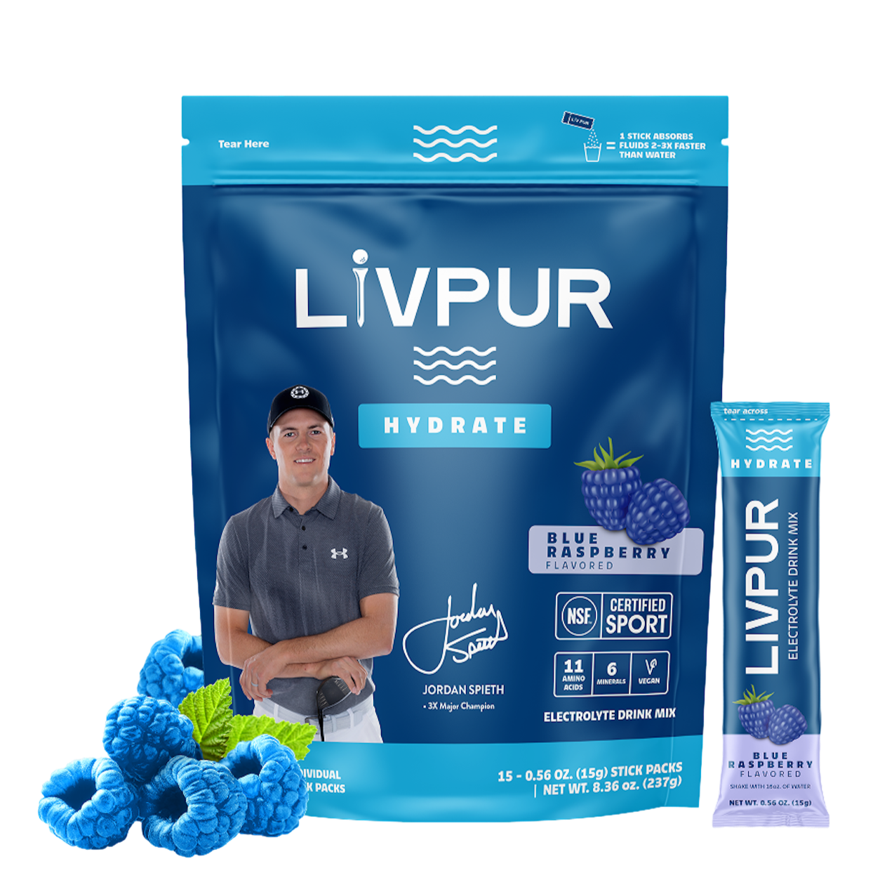 LIVPUR Hydrate package with a person and blue raspberry flavor details on a white background
