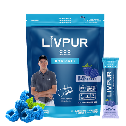 LIVPUR Hydrate package with a person and blue raspberry flavor details on a white background