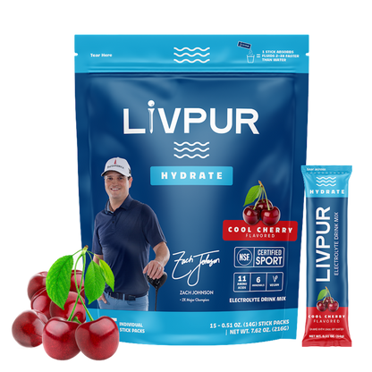 LIVPUR Hydrate Cool Cherry package with a man and cherries on a white background