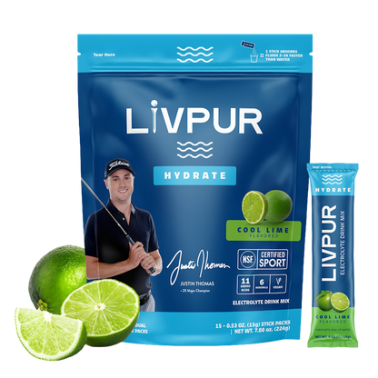 LivPUR Hydrate Cool Lime flavored electrolyte drink mix package with a golf player and limes on a white background.