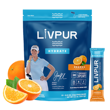 LIVPUR Hydrate Orange Electrolyte Drink Mix package with oranges on a white background
