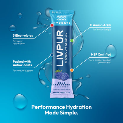 LIVPUR electrolyte drink mix packet on a blue background with water droplets.