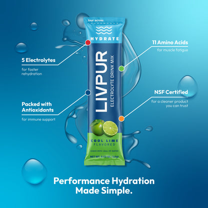 LIVPUR electrolyte drink mix packet on a blue background with water droplets.