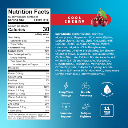 Nutrition facts label and ingredients list for a product with 'Cool Cherry' flavor on a blue background.