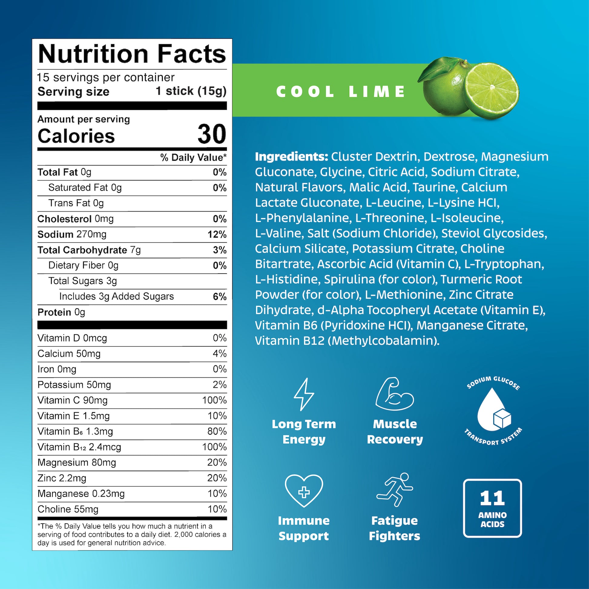 Nutrition facts label and ingredients list for a cool lime product on a blue background.