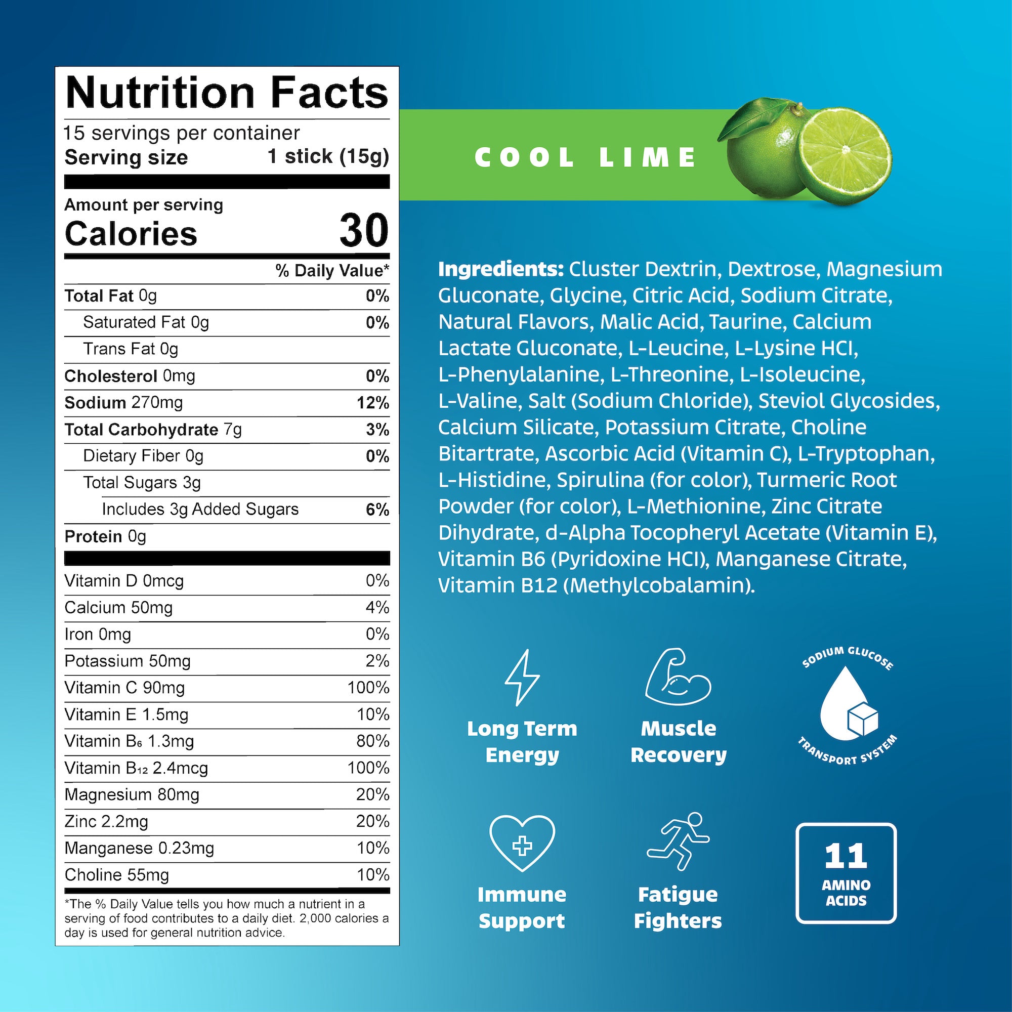 Nutrition facts label and ingredients list for a cool lime product on a blue background.