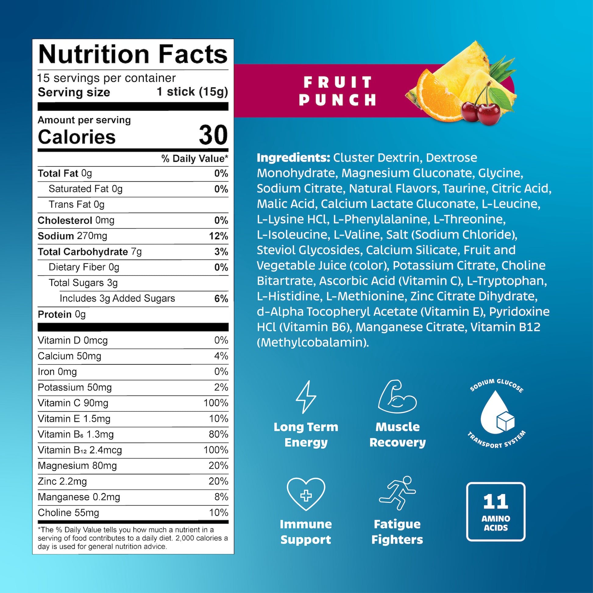 Nutrition facts label and ingredients list for a product labeled 'Fruit Punch' on a blue background.