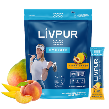 LIVPUR Hydrate peach mango flavor package with a woman and fruit on a white background